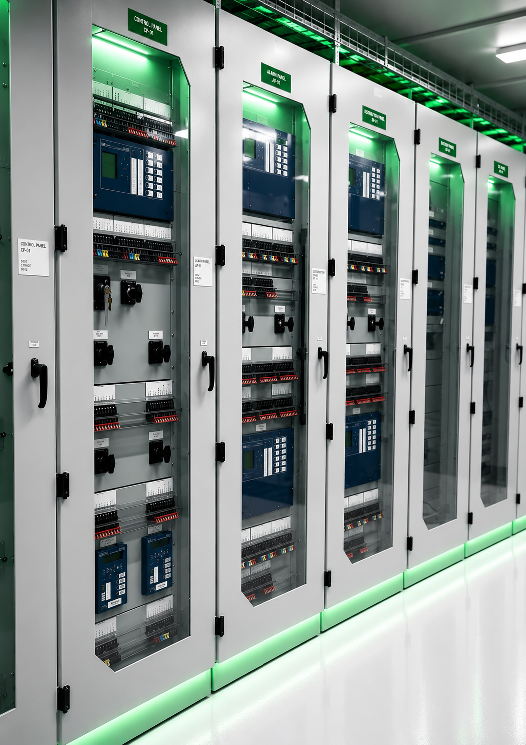AI Prefab controls and automation panel lineup with protective relays, control switches, and terminal blocks
